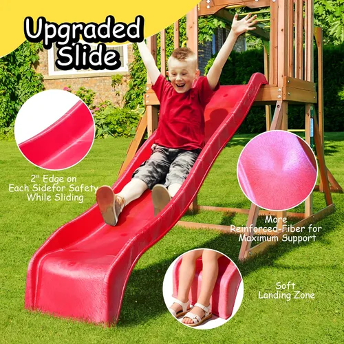 Miniatura 5 de SUNIBOXI Juegos de columpios de madera para patio trasero, juego de parque infantil al aire libre con barras de mono, tobogán ondulado, 2 columpios