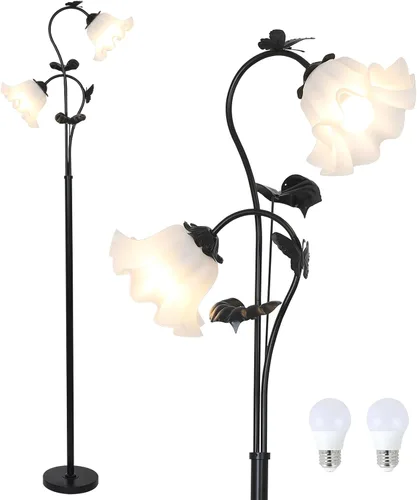 Miniatura 10 de HMVPL Lámpara de pie blanca con flores, lámpara alta floral con 2 bombillas LED de 5W, interruptor de pie, lámpara de pie moderna de esquina
