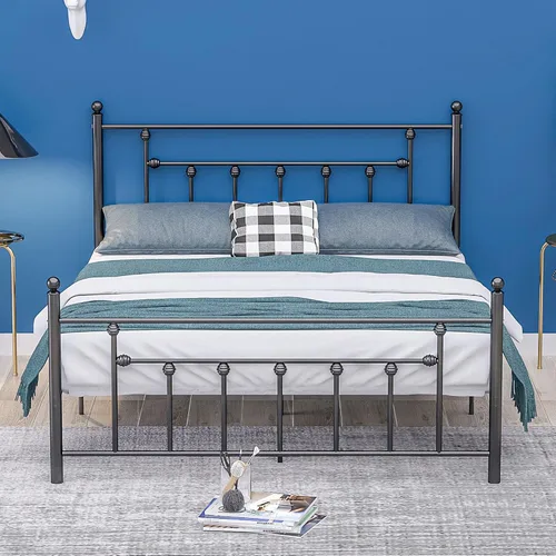 Miniatura 10 de VECELO Base de cama de plataforma metálica de tamaño matrimonial con cabecera y estribo, soporte de listones de acero resistente, base de colchón