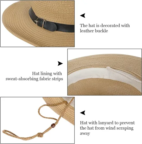 Miniatura 13 de Sombrero de vaquero de paja para hombres y mujeres, sombrero de sol de ala ancha, sombrero de vaquera Panamá con correa para la barbilla, sombrero