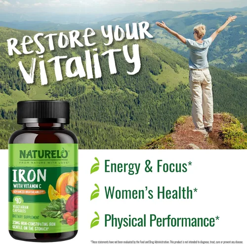 Miniatura 4 de NATURELO Suplemento de hierro vegano con vitamina C y alimentos integrales orgánicos, píldoras de hierro suaves para mujeres y hombres