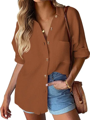 Miniatura 26 de HOTOUCH Camisa de manga larga con botones de lino para mujer, blusa de algodón casual, holgada, con cuello, para trabajo, de gasa, con bolsillo