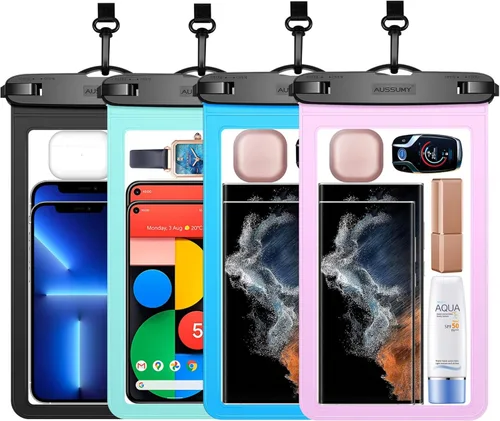 Miniatura 9 de Paquete de 4 fundas impermeables grandes para teléfono de 10.5" - Soporte transparente para celular bajo el agua - Bolsa seca universal a prueba