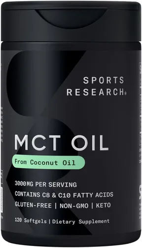 Sports Research Cápsulas de aceite MCT derivadas de aceite de coco, combustible Keto para el cerebro y el cuerpo, alta potencia 3000 mg | Derivado