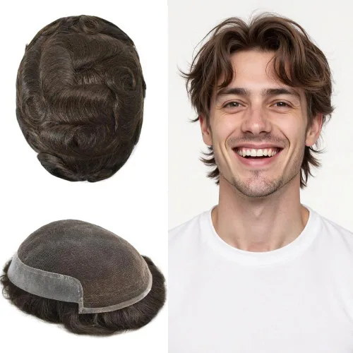 Miniatura 9 de LYRICAL HAIR Sistema de cabello humano con encaje frontal francés para hombres, tupé de piel de polietileno para hombres, línea capilar natural