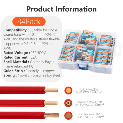 Miniatura 6 de 84 conectores de cable de palanca, 2 en 2 salidas rápidas y compactas, conector eléctrico para AWG24-12