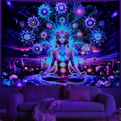 Miniatura 5 de Dermijer - Tapiz de luz negra con siete chacras para yoga y meditación - Tapiz de chacras de flores - Tapiz de galaxia, espacio y planetas - Tapiz