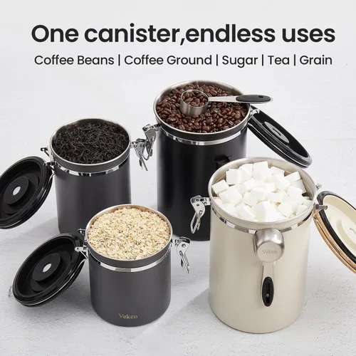 Miniatura 8 de Veken - Recipiente hermético para café de acero inoxidable, contenedor de almacenamiento de alimentos para la cocina con registro de fecha y cuchara