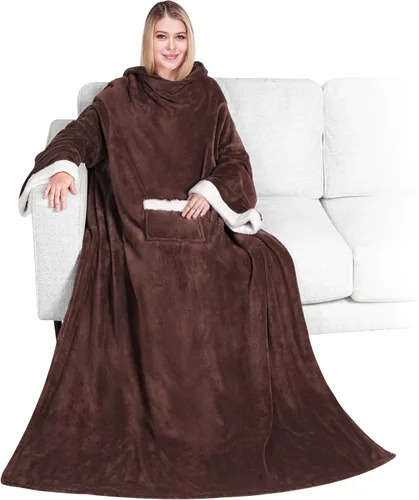 Miniatura 18 de PAVILIA Manta de forro polar con mangas para mujeres y hombres adultos, manta portátil cálida y suave, acogedora con bolsillo para abrazarse, manta