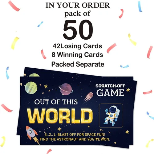Miniatura 4 de Haizct 50 tarjetas para raspar fuera del mundo, juego de rascar espacial para fiesta de cumpleaños, decoraciones de baby shower, rafa de cohete