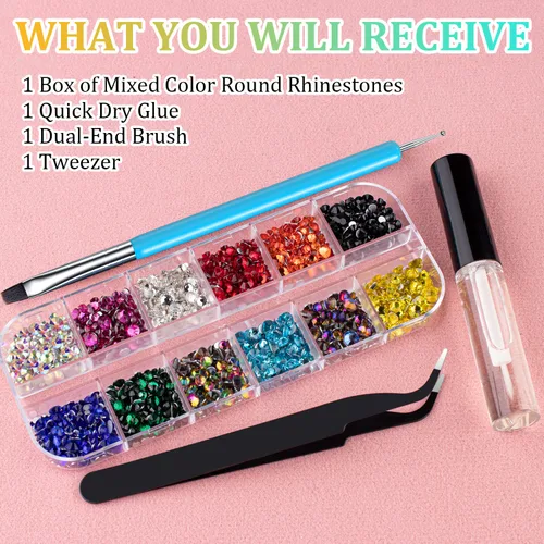 Miniatura 6 de Kit de gemas faciales redondas con parte trasera plana (colorido) para maquillaje con pegamento de secado rápido + cepillo + pinzas, diamantes