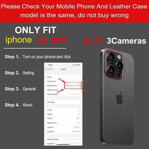 Miniatura 2 de Funda de cuero compatible con iPhone 16 Pro Wallet de 6.3 pulgadas, protección completa de piel auténtica a prueba de golpes, funda abatible