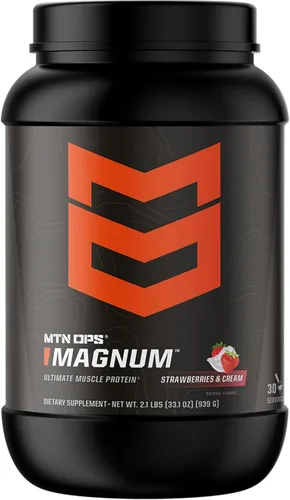 MTN OPS Magnum - Proteína en polvo de fresas y crema, 0.81 oz de proteína aislada de suero y proteína de leche con BCAA, cero azúcar y sin gluten,