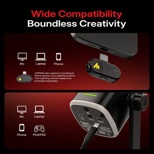 Miniatura 3 de MAONO PD100W Micrófono dinámico inalámbrico para PC, micrófono USB para juegos para transmisión y podcast, cancelación de ruido, RGB, micrófono