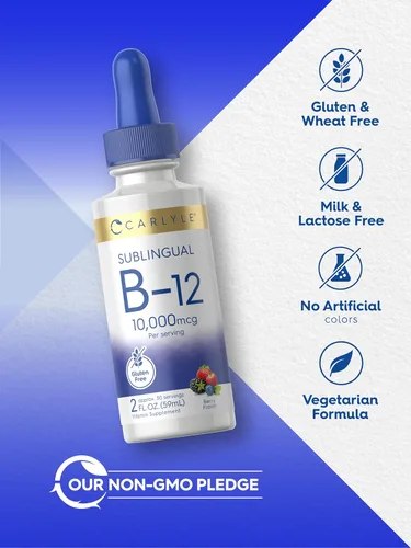 Miniatura 5 de Gotas líquidas sublinguales de vitamina B12 Carlyle 10,000 mcg 2 fl oz Vegetarianas, sin transgénicos, sin gluten