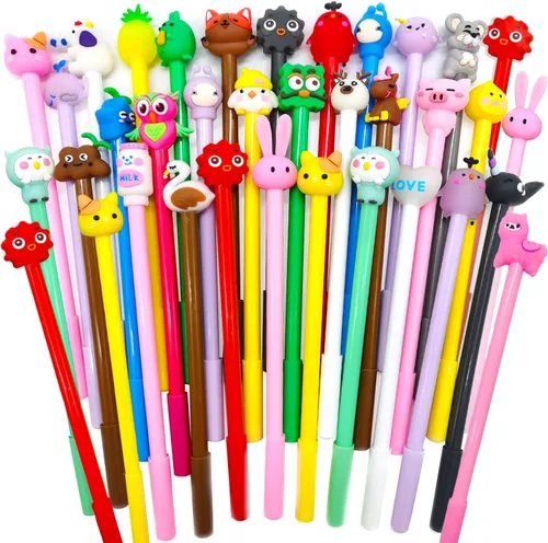Muiyaneq - 30 bolígrafos de gel de tinta negra de dibujos animados lindos, bolígrafos de escritura kawaii aleatorios, bolígrafos de estilos surtidos