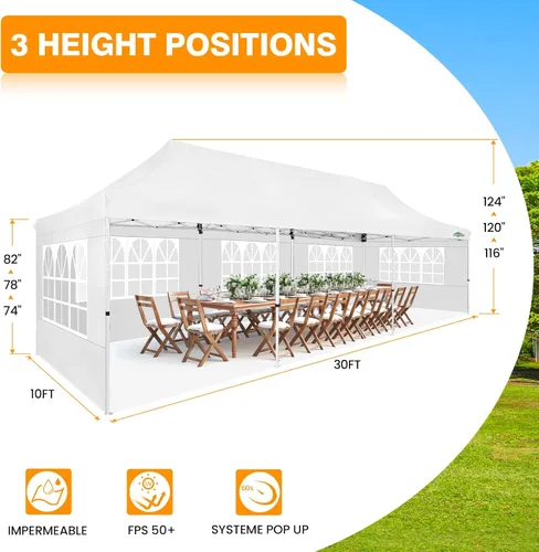 Miniatura 3 de COBIZI 10x30 Toldo desplegable con bolsa con ruedas y 8 paredes laterales extraíbles, toldos impermeables para exteriores, tiendas de campaña