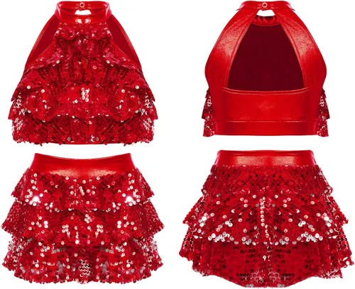 Miniatura 61 de JEATHA Top corto con borlas y lentejuelas brillantes para niñas, con minifalda, jazz latino, salsa, samba, rumba, baile