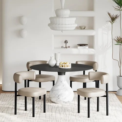 Miniatura 3 de Juego de 2 sillas de comedor, sillas de comedor de mediados de siglo, patas de acero al carbono, asiento tapizado, cuero texturizado, respaldo