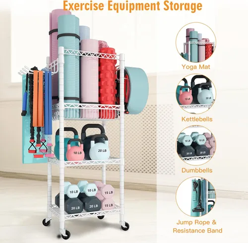 Miniatura 3 de FUTASSI Almacenamiento para Gimnasio en Casa, Organizador de Equipo de Entrenamiento de 3 Niveles con Ruedas para Esterillas de Yoga, Rodillo