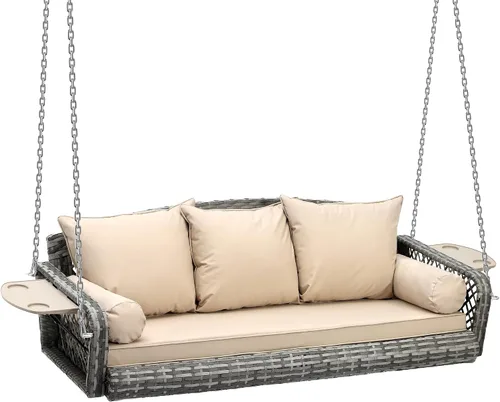 Miniatura 10 de Grepatio Columpio de mimbre para 3 personas, columpio de mimbre para patio, columpio de ratán al aire libre con cojín y almohada para jardín, patio