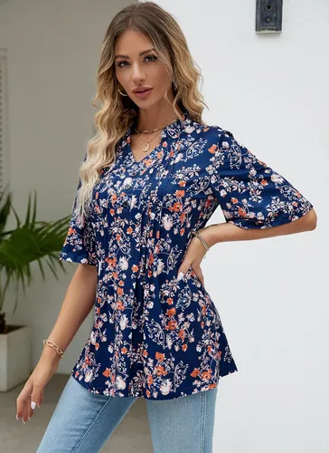 Miniatura 3 de HOCOSIT - Camiseta de manga corta con olanes y cuello en V con estampado de flores, plisada y abotonada, para mujer