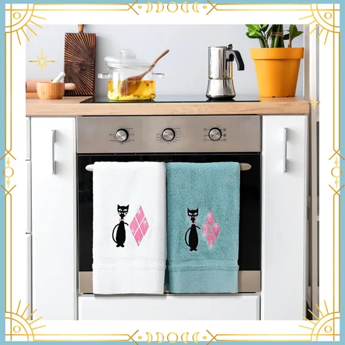 Miniatura 4 de Macarrie 2 toallas de cocina modernas de mediados de siglo con diseño de gato negro retro, toallas de algodón bordadas absorbentes para cocina