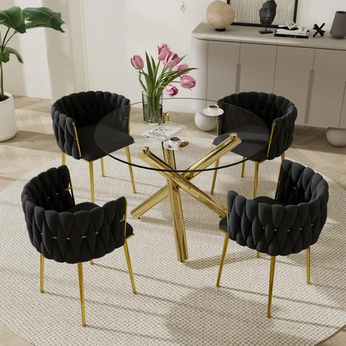 Miniatura 2 de Juego de mesa redonda dorada para 4, juego de mesa de comedor de 39'' con tapa de vidrio transparente, juego de mesa de cocina circular moderna de 5