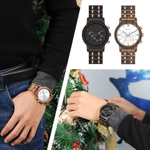 Miniatura 8 de BOBO BIRD Relojes de madera para hombre, correa de metal de madera de lujo, cronógrafo y visualización de fecha, reloj de cuarzo versátil