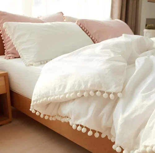 INDACORIFY White Duvet Cover with Pom Pom Duvet Cover Boho Bedding 100% Cotton Washed Duvet Cover Queen Size Duvet Cover Comorter Cover Set (Double