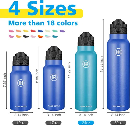 Miniatura 2 de Han's Bottle Botella de agua deportiva de 24 onzas, tapa con pajilla, a prueba de fugas, acero inoxidable aislado al vacío, doble pared, taza Océano