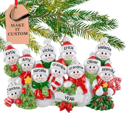 Miniatura 12 de Adorno personalizado para familia de 10 personas 2025 Personalización gratuita en 24 horas Adornos navideños de muñeco de nieve grabados