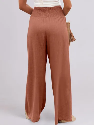Miniatura 8 de Caracilia Pantalones palazzo de lino para mujer, estilo bohemio, pierna ancha, cintura alta, fruncidos, informales, con bolsillo