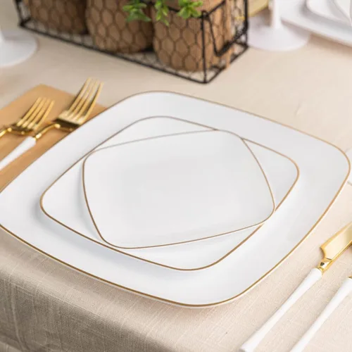 Miniatura 2 de Blue Sky Platos desechables blancos orgánicos de 7.25 pulgadas cuadrados (10 unidades) Vajilla de plástico con borde dorado para fiestas