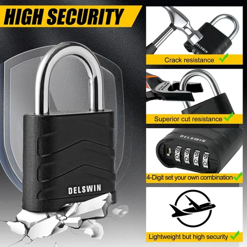 Miniatura 2 de DELSWIN Paquete de 3 candados de combinación grande, 4 dígitos reiniciables con grillete de acero endurecido, cuerpo de aluminio de seguridad