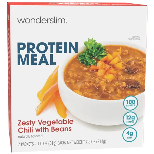 WonderSlim Comida proteica, chile vegetal picante con frijoles, 0.44 onzas de proteína, 0.14 onzas de fibra, sin gluten (7 unidades)