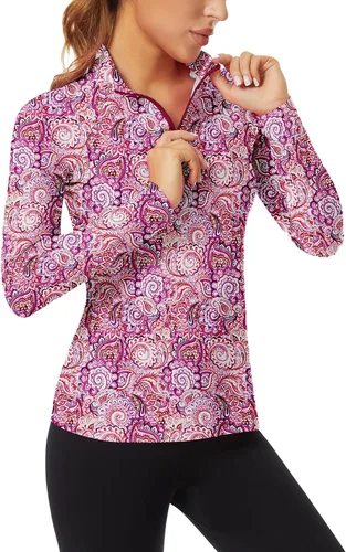 Miniatura 163 de WOWENY Camiseta deportiva de manga larga para mujer, con cremallera de un cuarto, cuello para entrenamiento, camiseta de tenis con estampado