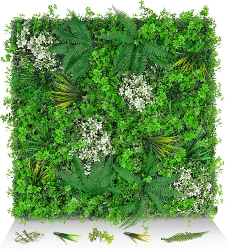 Paneles de pared de césped de 20 x 20 pulgadas, 16 piezas de fondo de vegetación artificial con hojas resistentes a los rayos UV, decoración de