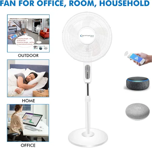 Miniatura 5 de Technical Pro Ventilador de pedestal oscilante inteligente, 3 velocidades portátil de 16 pulgadas, ventilador de pie habilitado para WIFI, altura