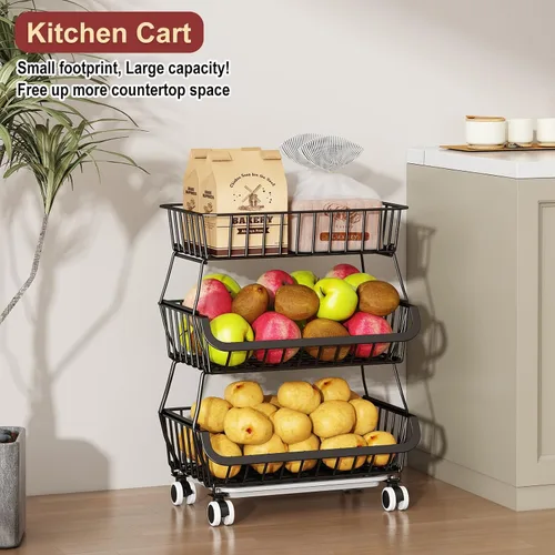 Miniatura 9 de Carrito de despensa rodante de 3 niveles con ruedas, organizador de piso de almacenamiento de alambre apilable para estantes de cocina, despensa