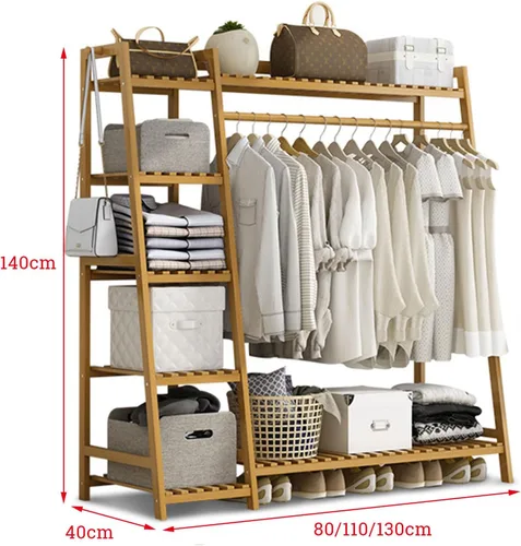 Miniatura 2 de Perchero de bambú para ropa, con estantes de almacenamiento y ganchos, organizador de almacenamiento de ropa abierto para entrada, dormitorio, sala