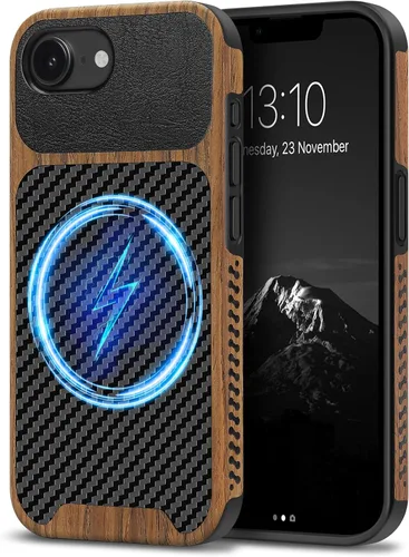 Miniatura 14 de TENDLIN Compatible con iPhone 17 Pro Max Funda de madera con textura de fibra de carbono Diseño de cuero híbrido delgado (negro)
