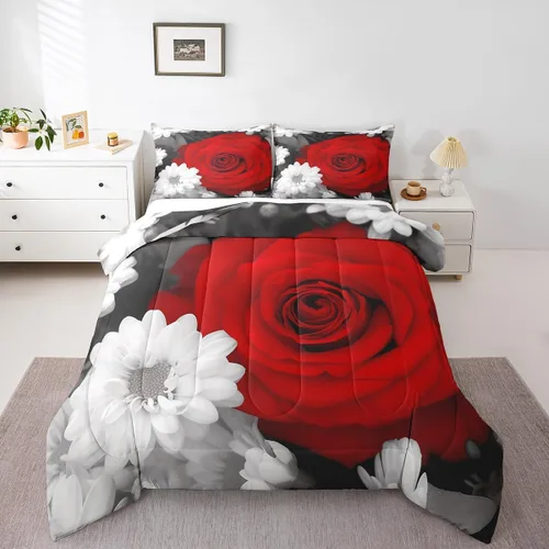 Miniatura 8 de Juego de edredón de rosas rojas, tamaño individual, juego de ropa de cama floral rojo degradado negro para niñas, mujeres, niños, adolescentes