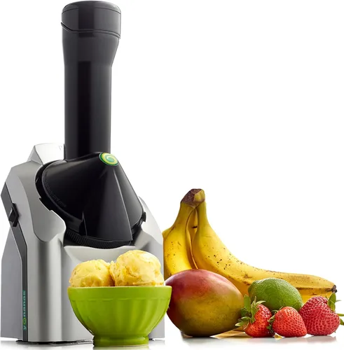 Yonanas - Máquina clásica de helado de fruta congelada para golosinas veganas y sin lácteos saludables, máquina plateada de 200W con 36 recetas,