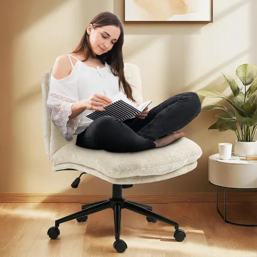 Dowinx Silla Criss Cross con ruedas, cojín engrosado de doble capa, silla de tocador moderna para el hogar de tela premium con asiento ancho, beige