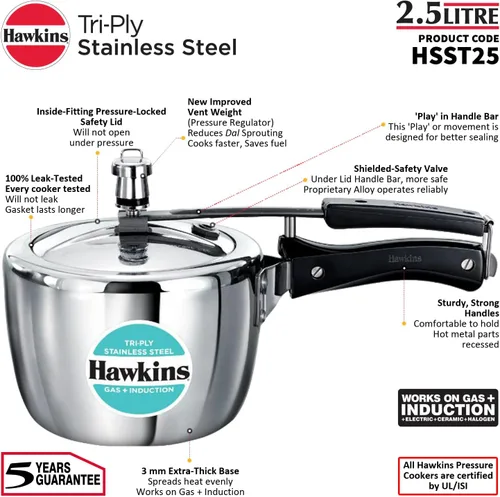 Miniatura 7 de Hawkins Olla a presión de acero inoxidable triple de 2,5 litros, cocina de tapa interior, plata (HSST25)