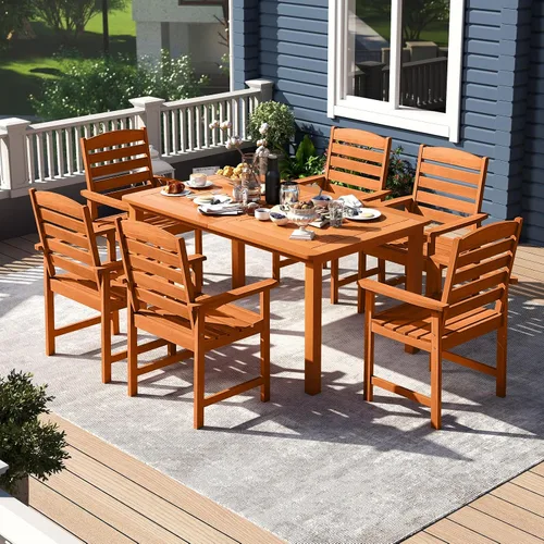 Miniatura 4 de Tangkula Juego de 2 sillas de comedor de madera para patio, sillas de comedor de madera para exteriores con respaldo alto y asiento de listones