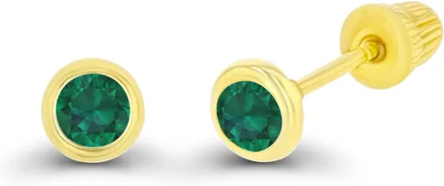 Miniatura 2 de Aretes de tuerca de oro macizo de 14 quilates, hipoalergénicos, de 0.118 pulgadas, redondo, con bisel de piedra natal auténtica, con cierre