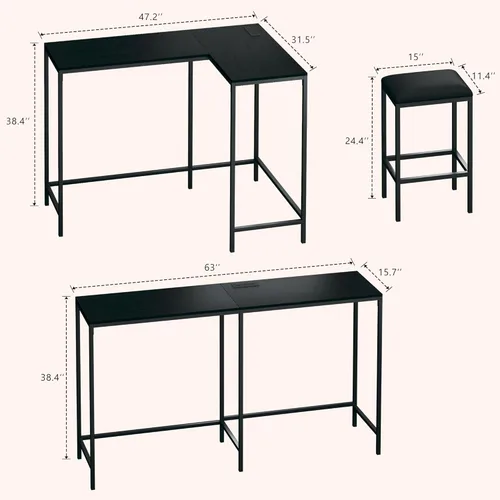 Miniatura 8 de HUAHUU Juego de mesa de bar y sillas para 2-4, mesa de cocina convertible en forma de L de 63 pulgadas con tomas de corriente, mesa de comedor