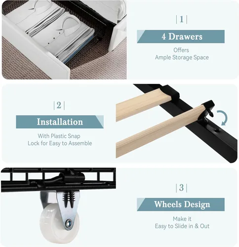 Miniatura 5 de HOOMIC Base de cama de almacenamiento de plataforma de tamaño matrimonial con 4 cajones y cabecera ajustable, listones de madera, no necesita Blanco